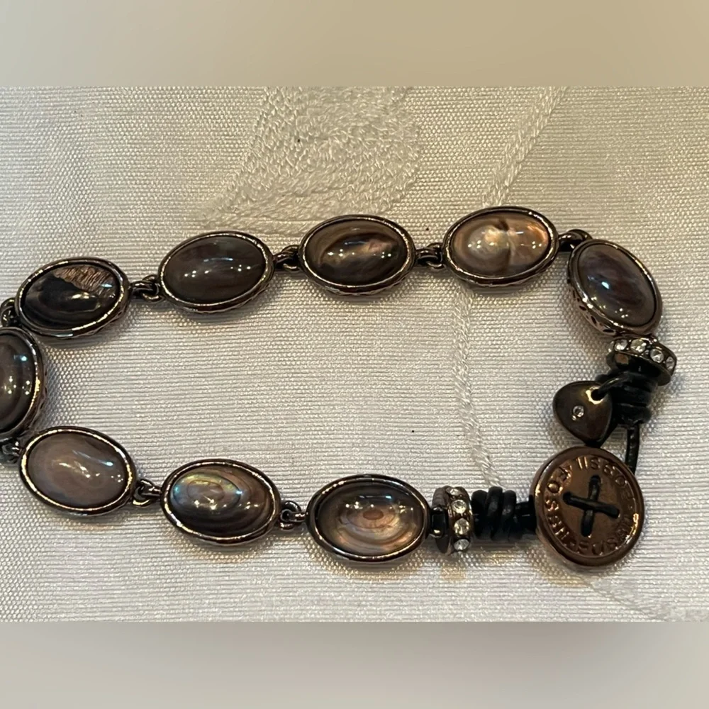 Fossil Bronzetone, Oval Real Stone & CZ Bead Bracelet w/ earrings